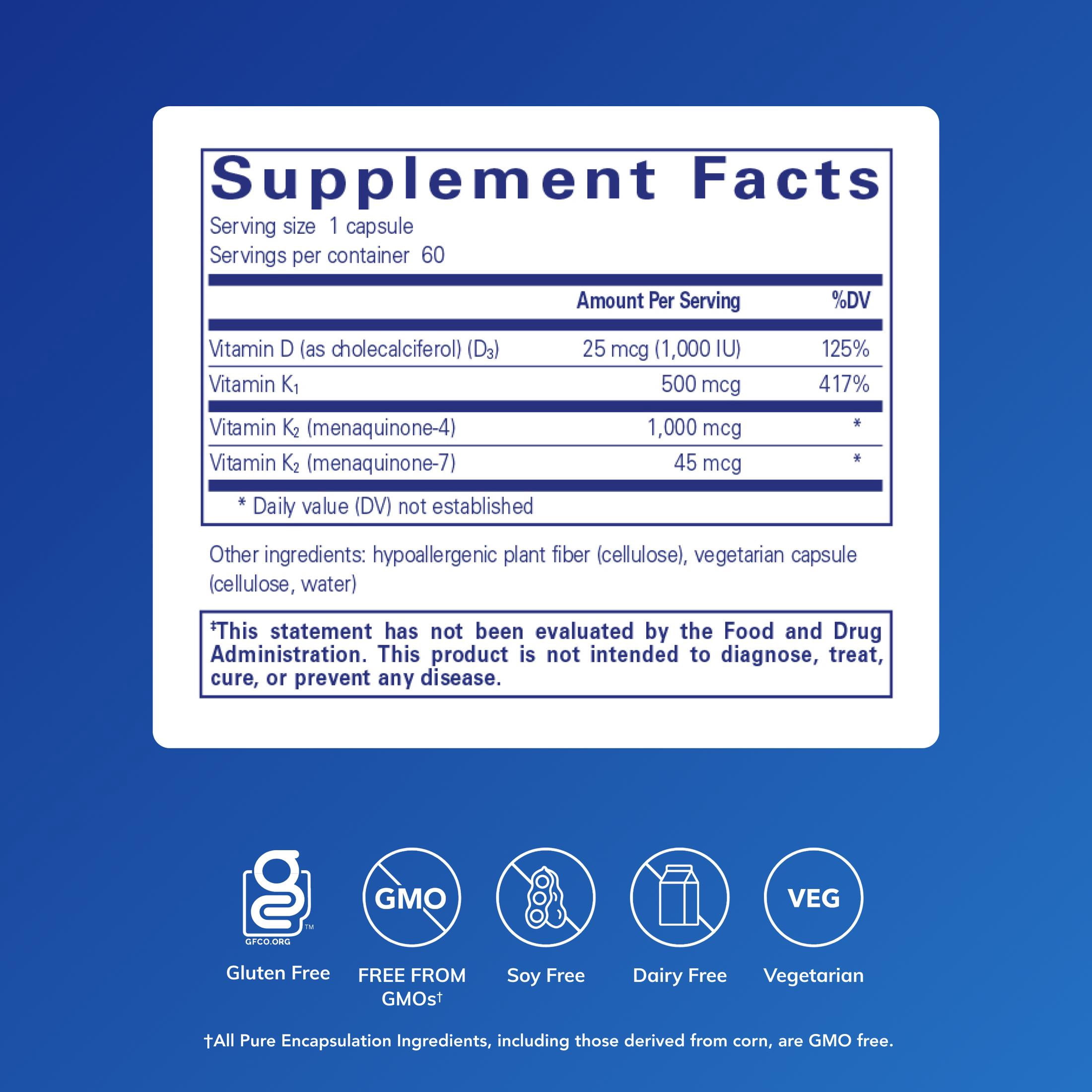 Pure Encapsulations Synergy K - With Vitamin K1, K2 & D3 - Supports Bones, Blood Vessels, Vascular Elasticity & Calcium Utilization* - Includes Cholecalciferol - Gluten Free & Non-GMO - 60 Capsules