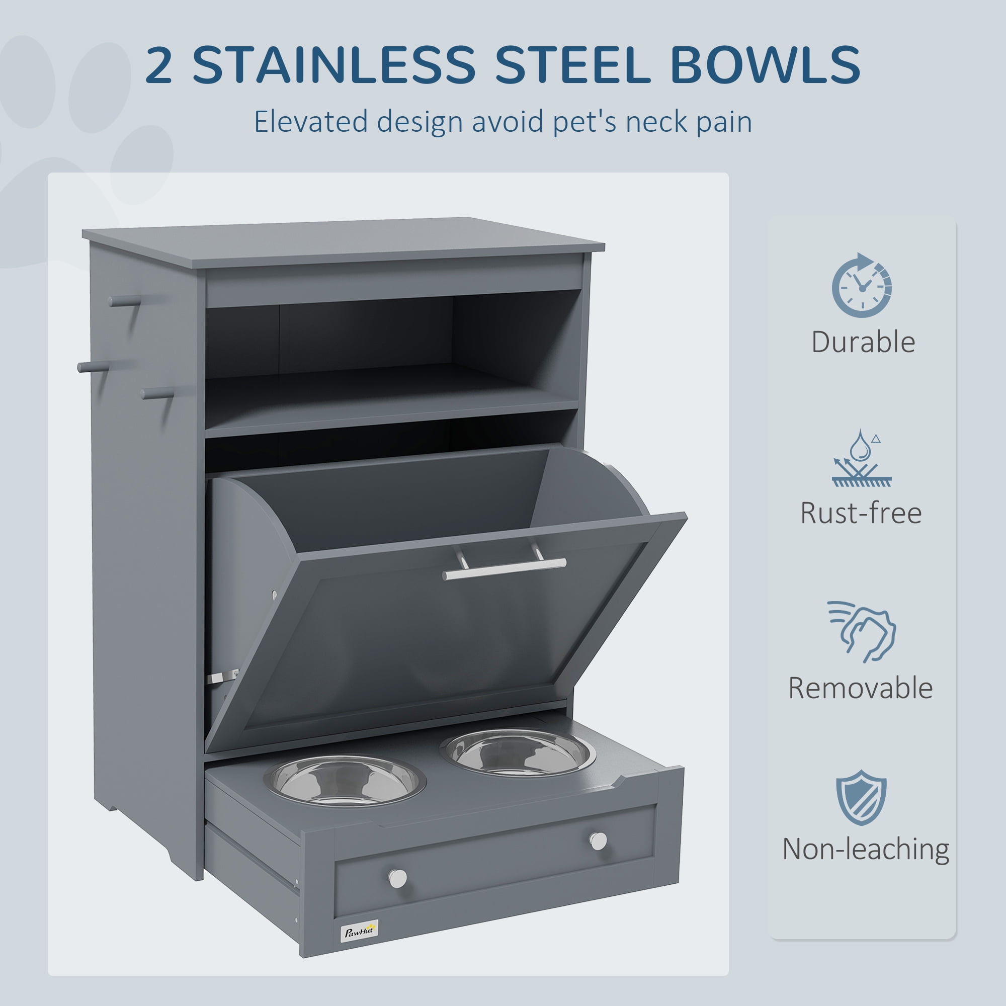 Dog Bed PawHut Pet Feeder Station, Storage Cabinet Dog Food Storage Container with Raised Dog Bowls and Hanger for Feeding & Watering Supplies, Gray,Large Dog Bed