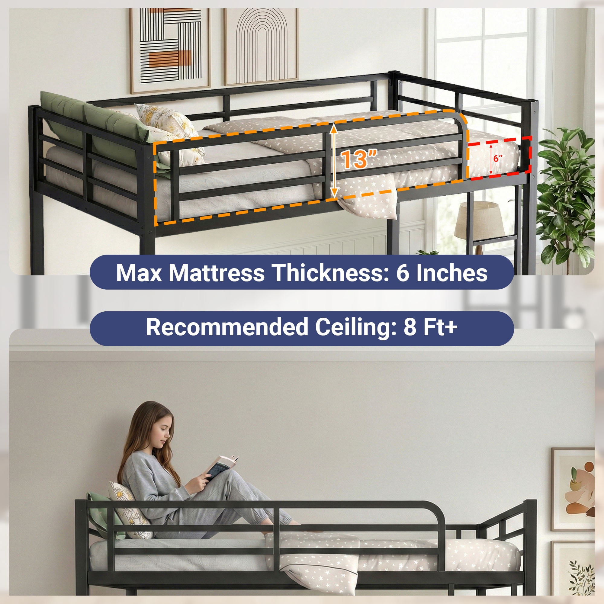 Miniyam Twin over Twin Metal Bunk Bed with Underbed Storage,Black