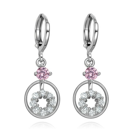 Small Cute Double Lucky Magic Circles Pink White Sparkling Crystals Silver-Tone Fashion Amulet Earrings
