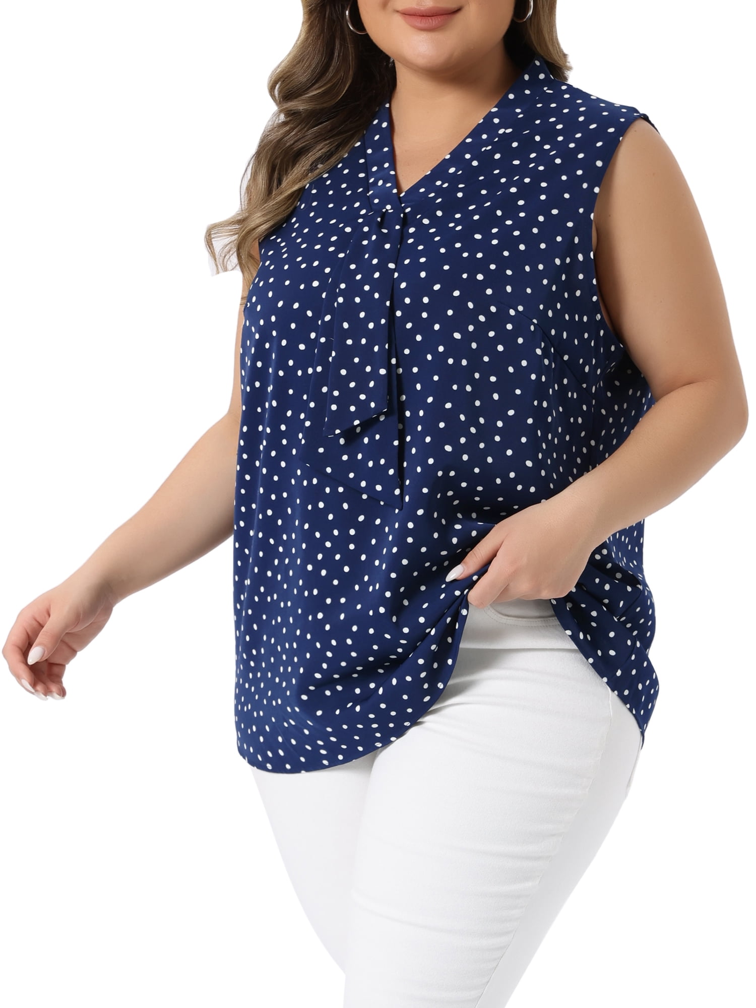 DARING DIVA Women's Plus Size Polka Dots V Neck Tie Neck Sleeveless Blouses 4X Dark Blue