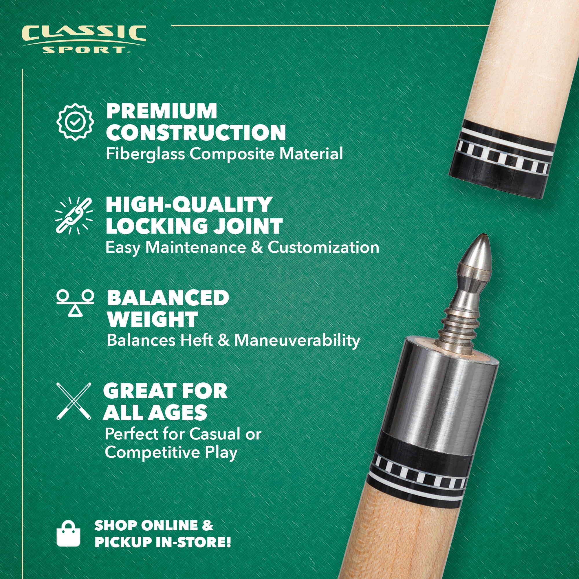 Classic Sport 57 in. Classic Canadian Maple 2-Piece Wooden Billiard Cue Hardwood Pool Stick - 1.27 lb