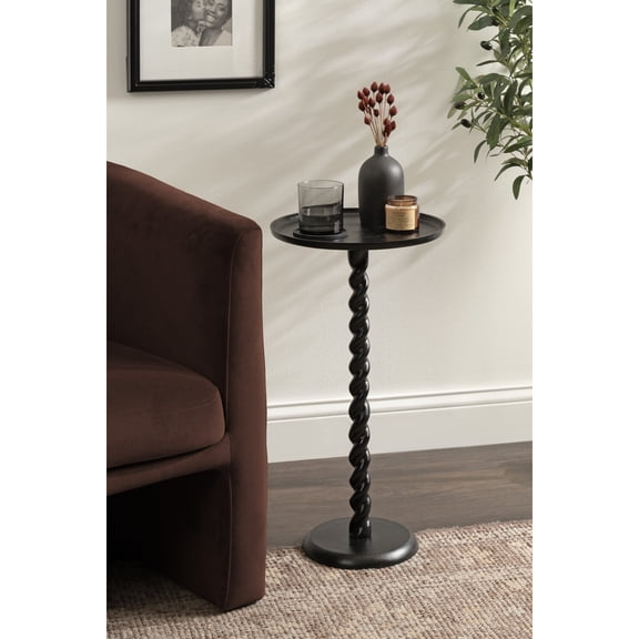 Kate and Laurel Ropa Transitional Round Pedestal Side Table, 13 x 13 x 24, Black, Decorative Cast Aluminum End Table with Spiral Rope Design for Use as Indoor Plant Stand or Bedroom Nightstand