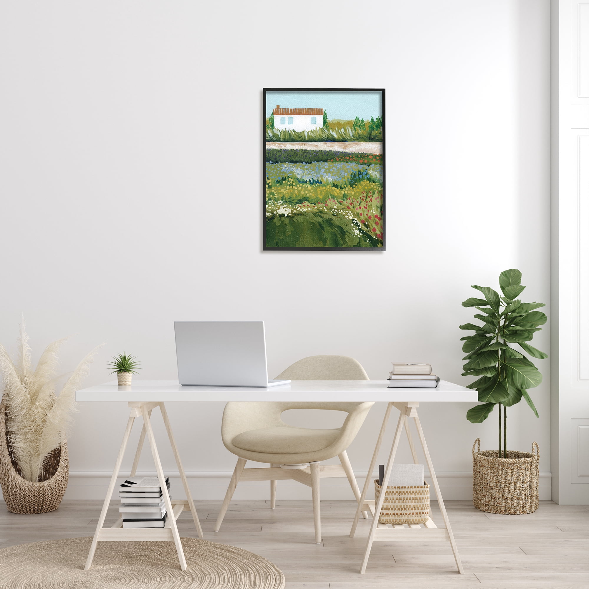 Stupell Rural Cottage Wildflowers Blooming Landscape Painting Black Framed Art Print Wall Art