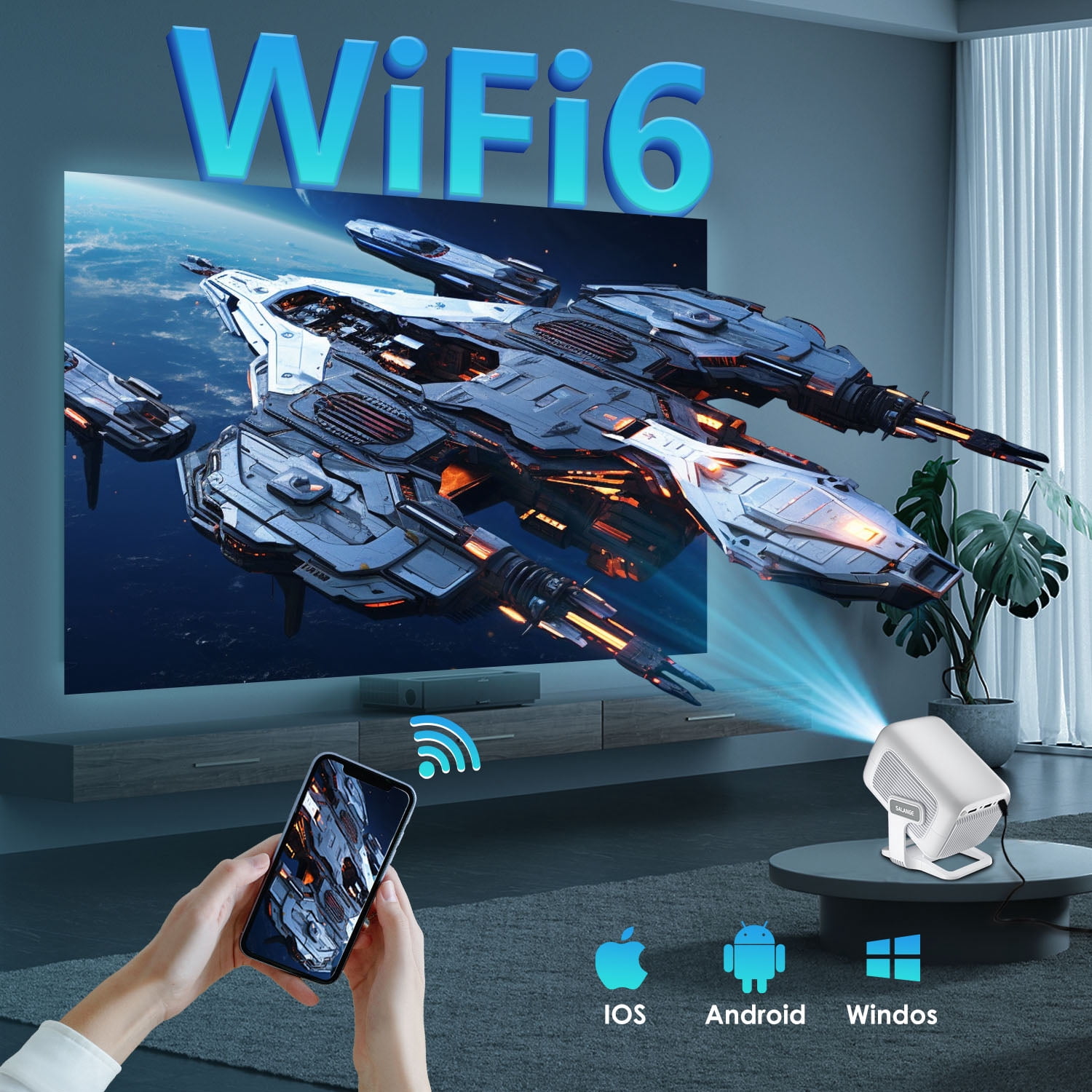Salange Smart Projector with WiFi and Bluetooth 5.4, 1080P Native Auto Focus Keystone, 4K Supported, Built-in Apps, Short Throw for Home Indoor Outdoor