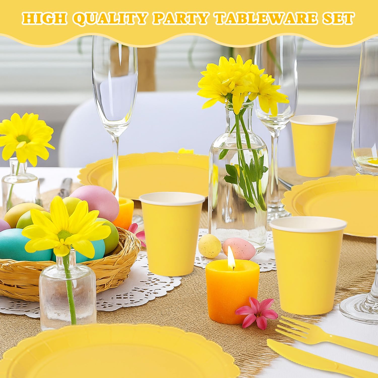 350 Pcs Yellow Disposable Paper Plates and Napkins Set for 50, 9" Dinner Plates & 7" Dessert Plates, Tableware for Birthday, Baby Shower, Picnic, Party