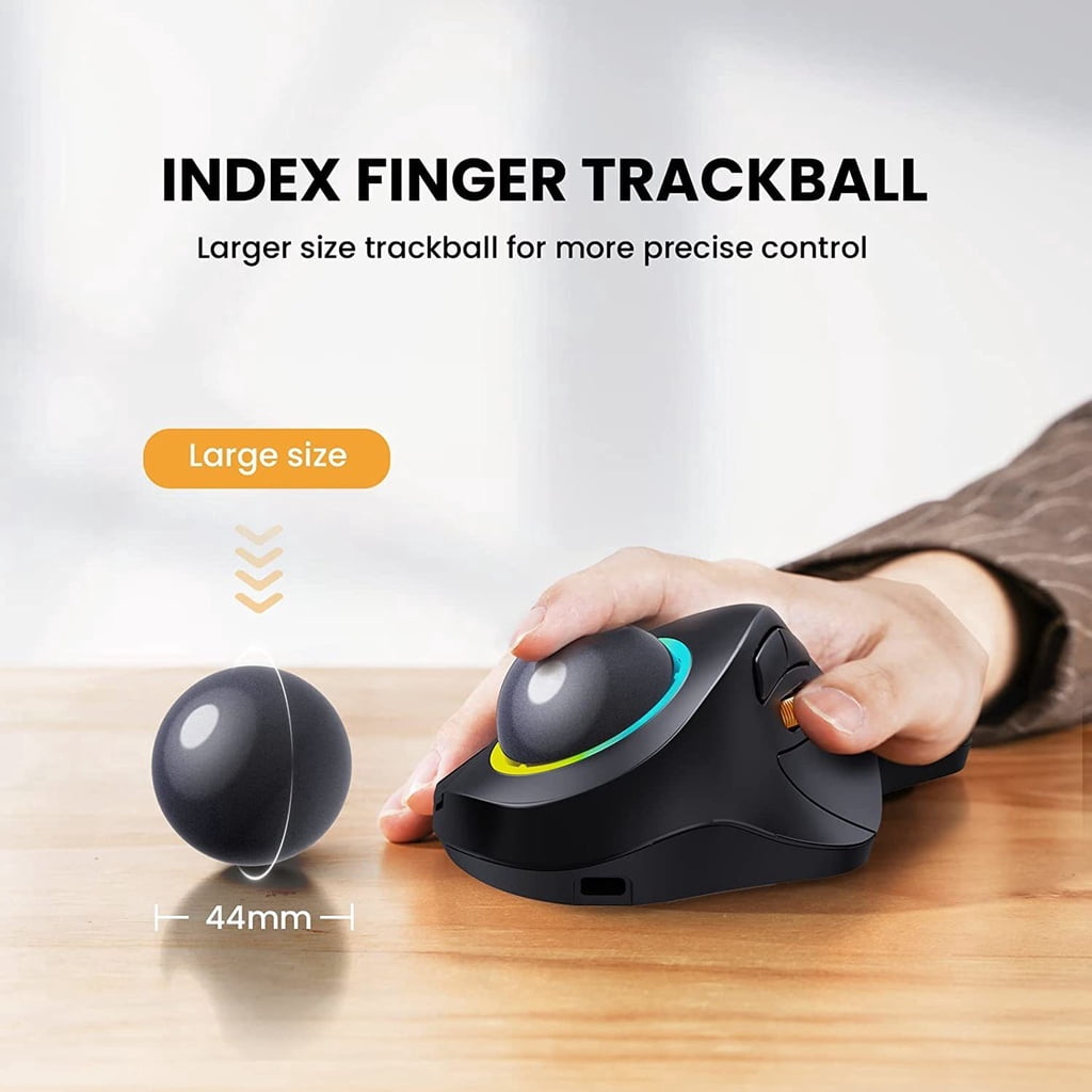 Jomaa Wireless Ergonomic Trackball Mouse, Rechargeable, Bluetooth Rollerball Mouse, Index Finger Trackball, 1600DPI,