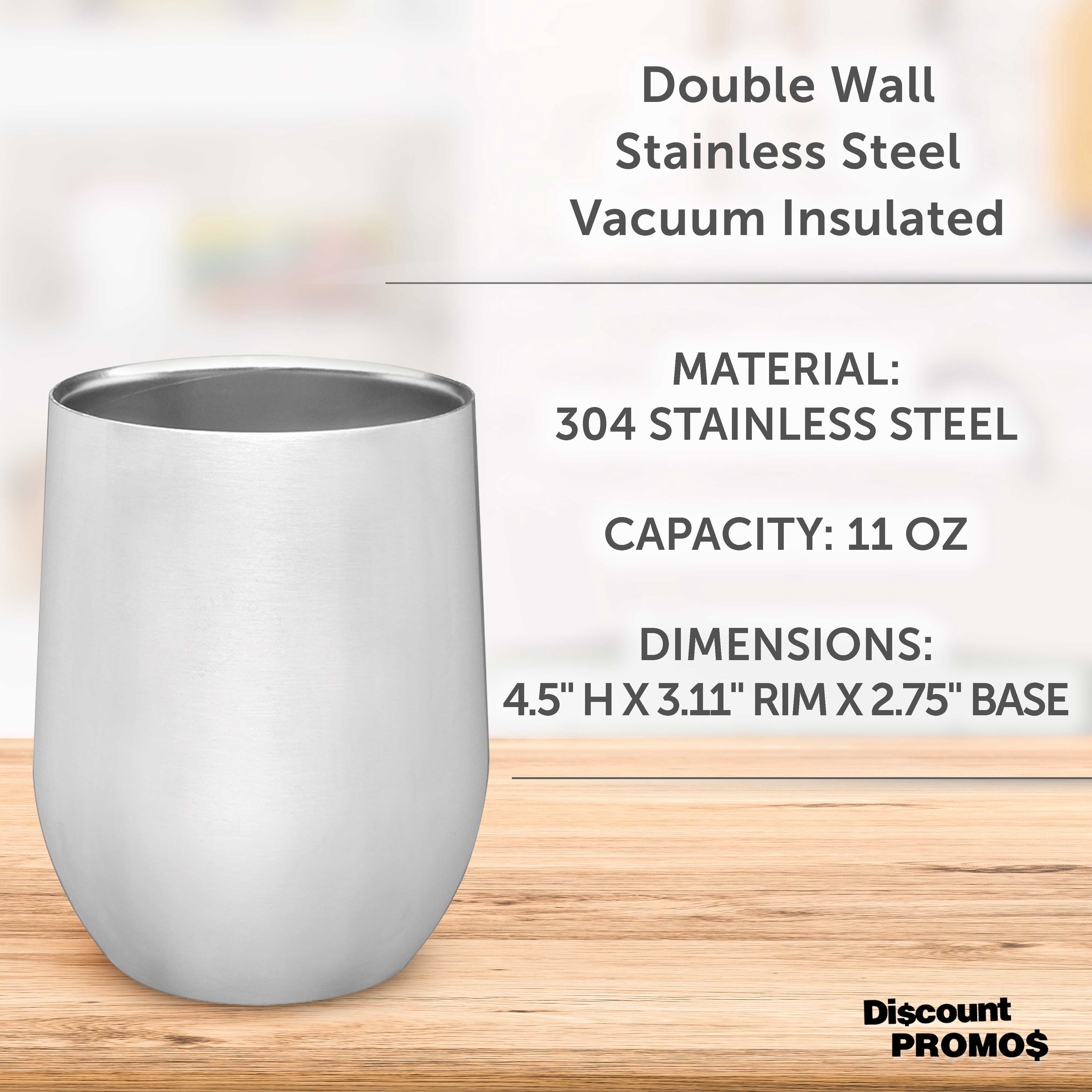 Stainless Steel Stemless Wine Glasses 11 oz. Set of 6, Bulk Pack - Perfect for Wine, Cocktails, Other Hot & Cold Beverages - Silver