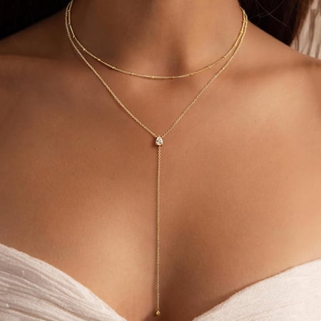 Turandoss Lariat Necklace for Women Dainty 14K Gold Plated Y-Shaped Drop Layered Lariat Cubic Zirconia Jewelry Teacher Appreciation Mothers Day Graduation Gifts for Her Mom Kids Teen Girls Wife Ideas