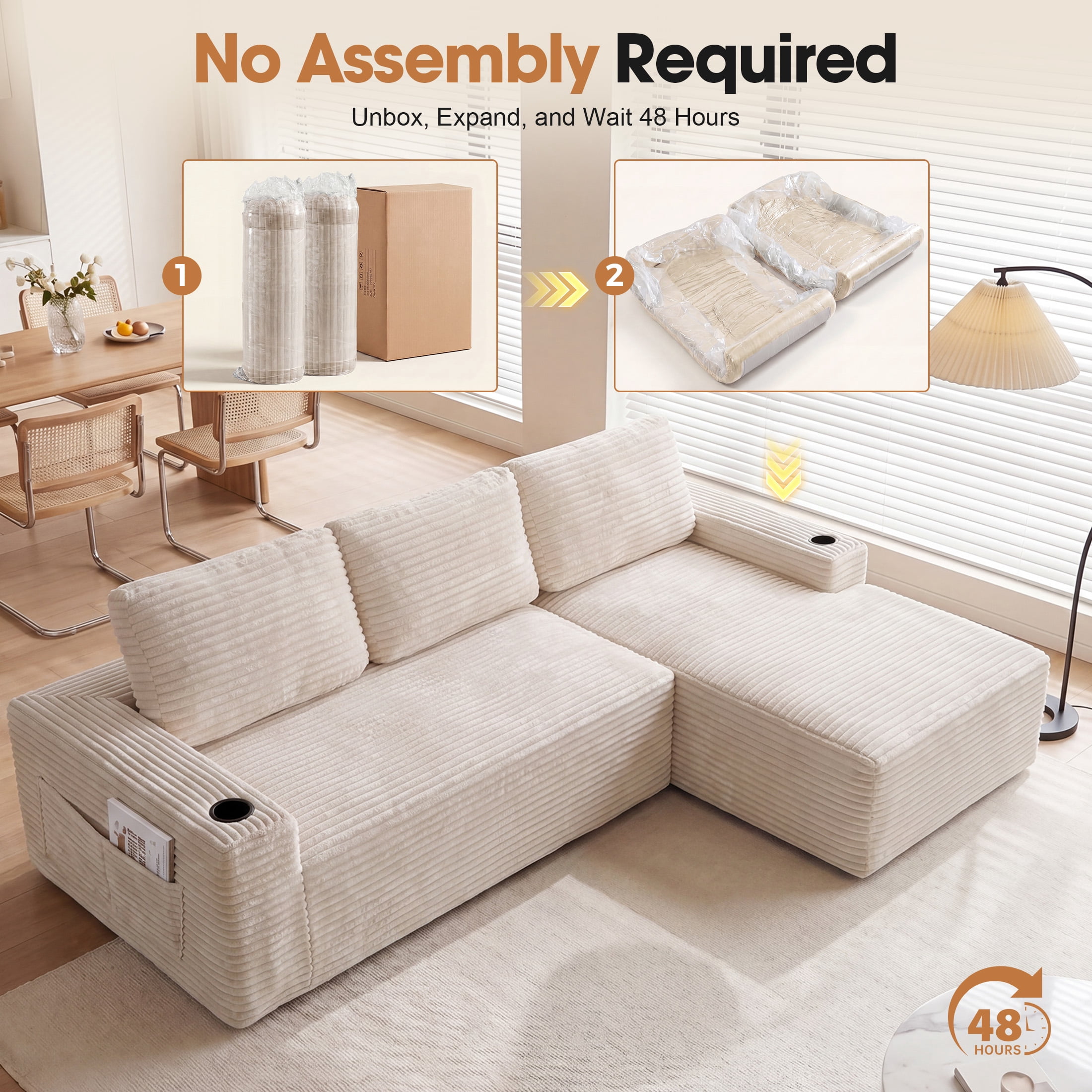 Aenkyo 104 Inch Corduroy L-Shaped Cloud Sectional Sofa with Right Facing Chaise and Cup Holders, Gream