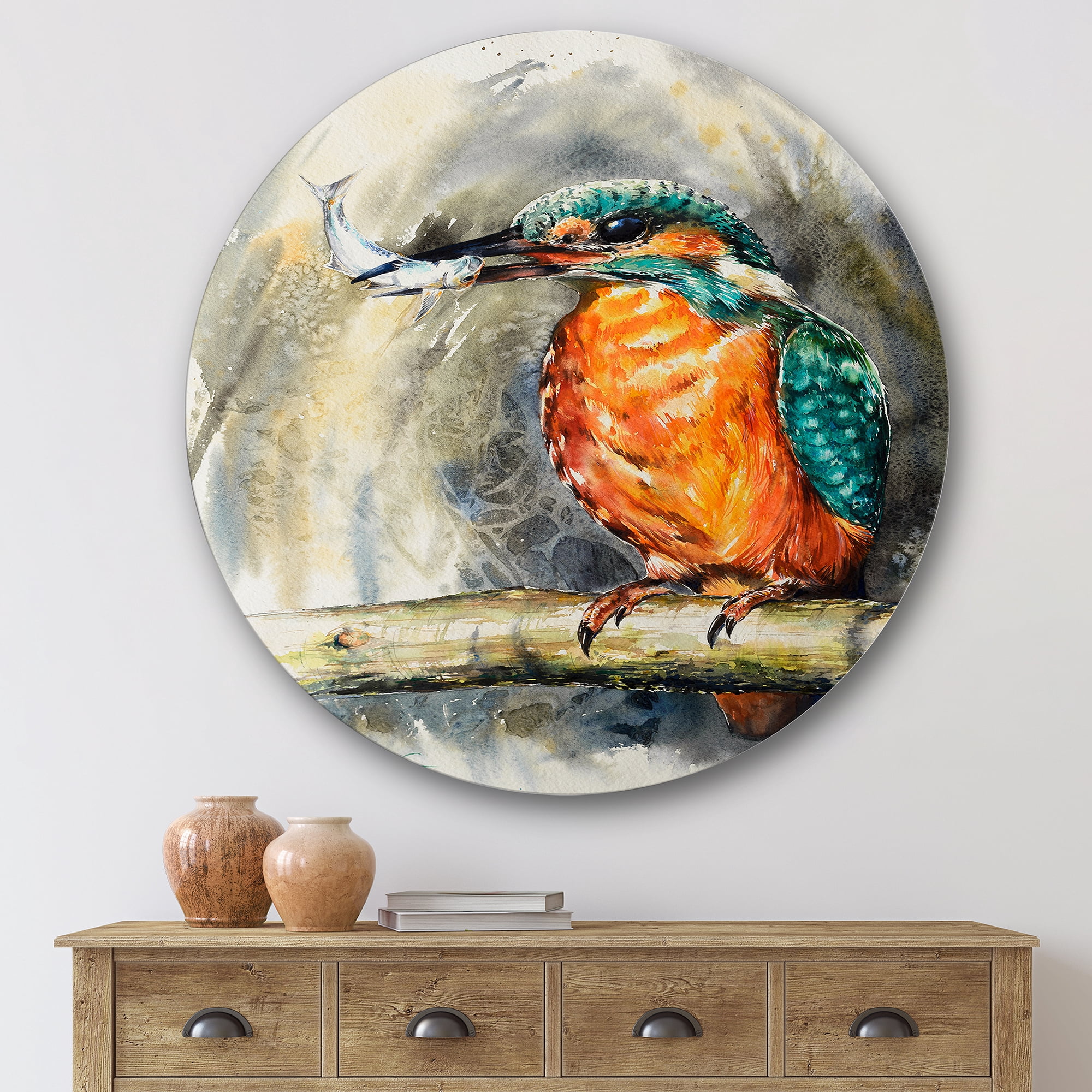 Designart 'Common Kingfisher On Branch Eating A Small Fish' Traditional Circle Metal Wall Art 36x36 - Disc of 36