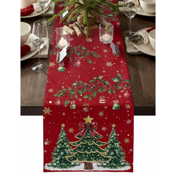 Christmas Table Runner Christmas Balls Berry Table Runners Holly Pine Tree Red Cotton Linen Dresser Scarf Kitchen Dining Table Decor for Christmas Holiday Party Decor 13x72 Inch