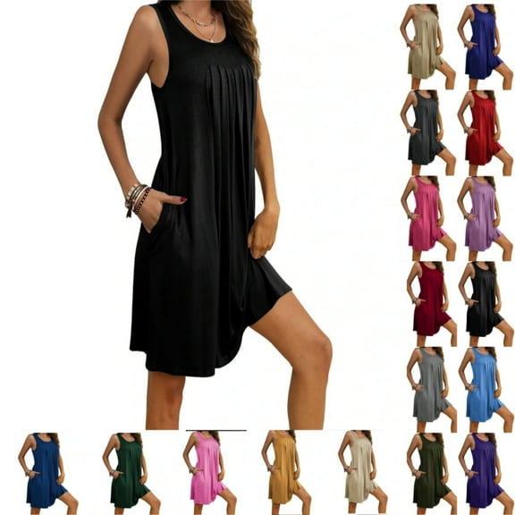 POTETI Sun Dresses for Women Casual Black Mini Dresses for Women Nightgown With Pockets Sleep Shirts Sleeveless Sleepwear Pleated Front Nightshirt Crew Neck Nightdress Sundresses for Women
