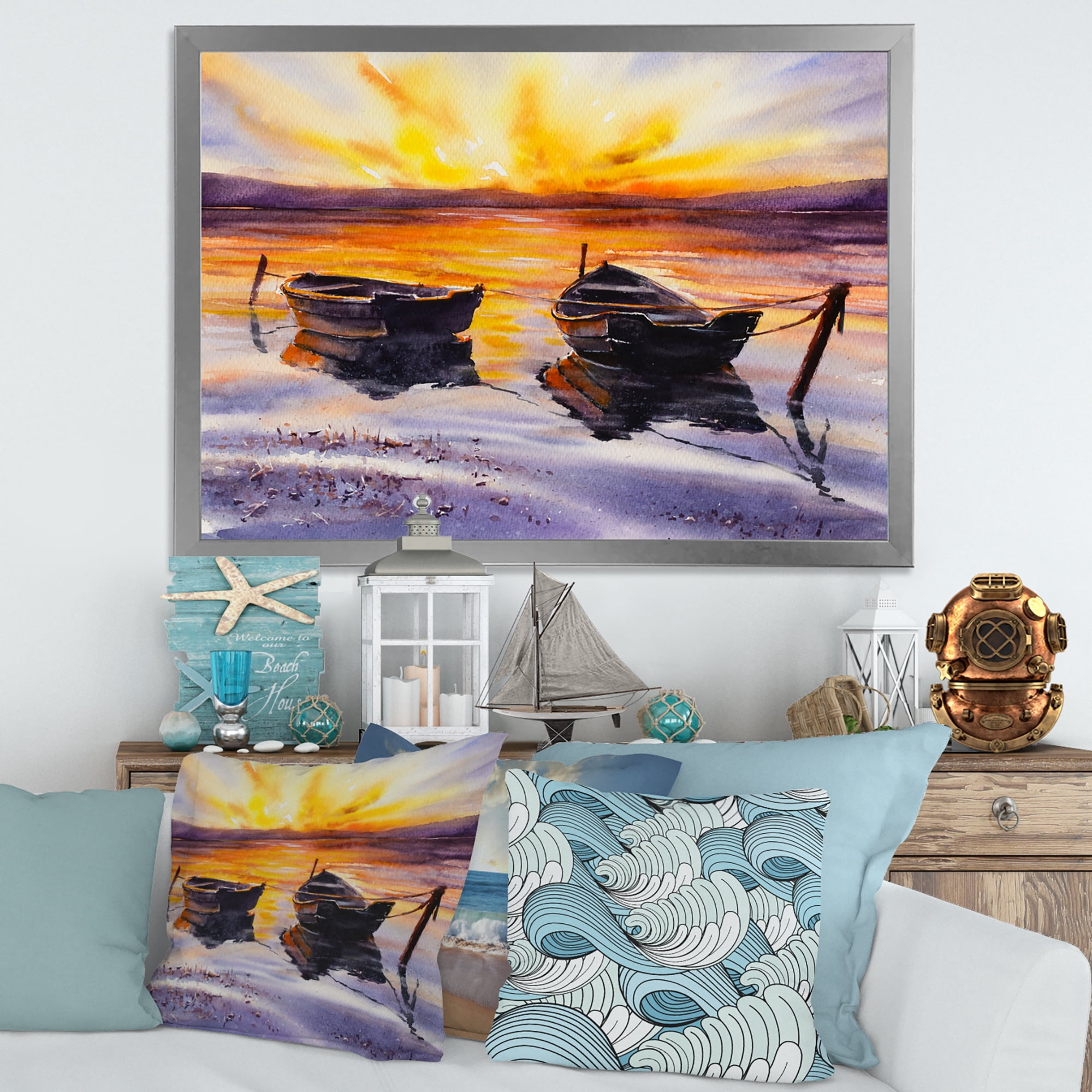 Designart 'Two Small Boats Parking On The Shore and Sunset' Lake House Framed Art Print