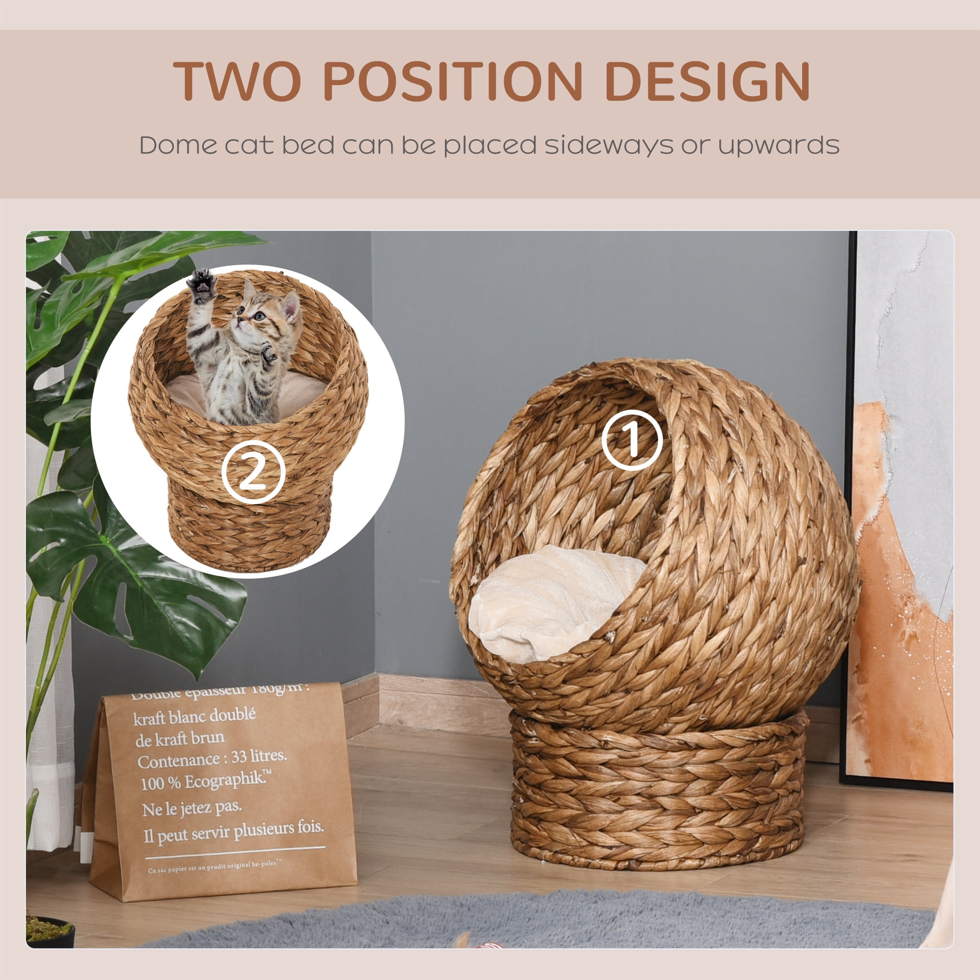 Handwoven Elevated Cat Bed with Soft Cushion & Cat Egg Chair Shape, Cat Basket Bed Kitty House with Stand, Raised Wicker Cat Bed for Indoor Cats, 23.5" H, Brown