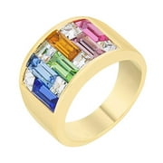 18k Gold Plated Ring with Light Multi-Color Alternated Princess and Baguette Cut Crystal Size 5