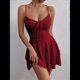 thumbnail image 5 of Vestido Mini de Fiesta Corto con Tirantes Finos y Lazo en la Espalda para Mujer, con Volantes Escalonados, Corte en A, y Ajustado. Vino Tinto S, 5 of 9