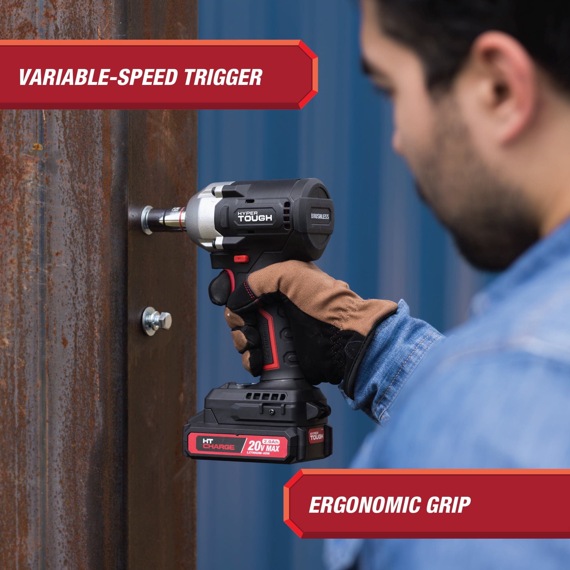 Hyper Tough 20V Max Compact Brushless 1/2-inch Impact Wrench with 2.0Ah Lithium-Ion Battery and Charger, 350 ft-lbs Torque