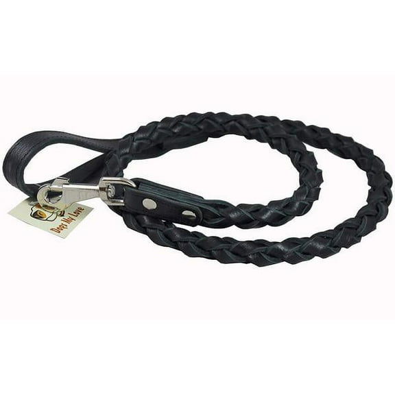 4-thong Round Fully Braided Genuine Leather Dog Leash, 4 Ft x 3/4" (20mm) Black, XLarge Breeds