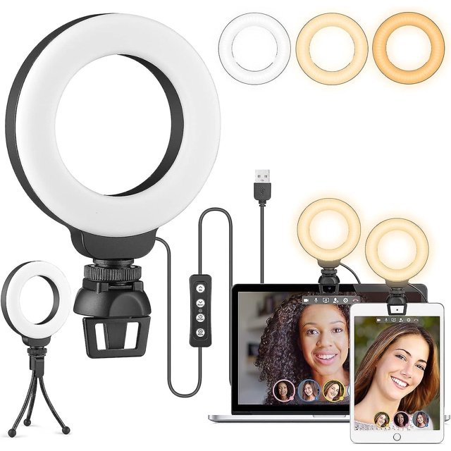 Anillo de luz de 4"para computadora portátil con soporte, kit de iluminación para conferencias, 3 modos de luz Anillo de luz LED regulable para reuniones, maquillaje, selfies, grabación de videos