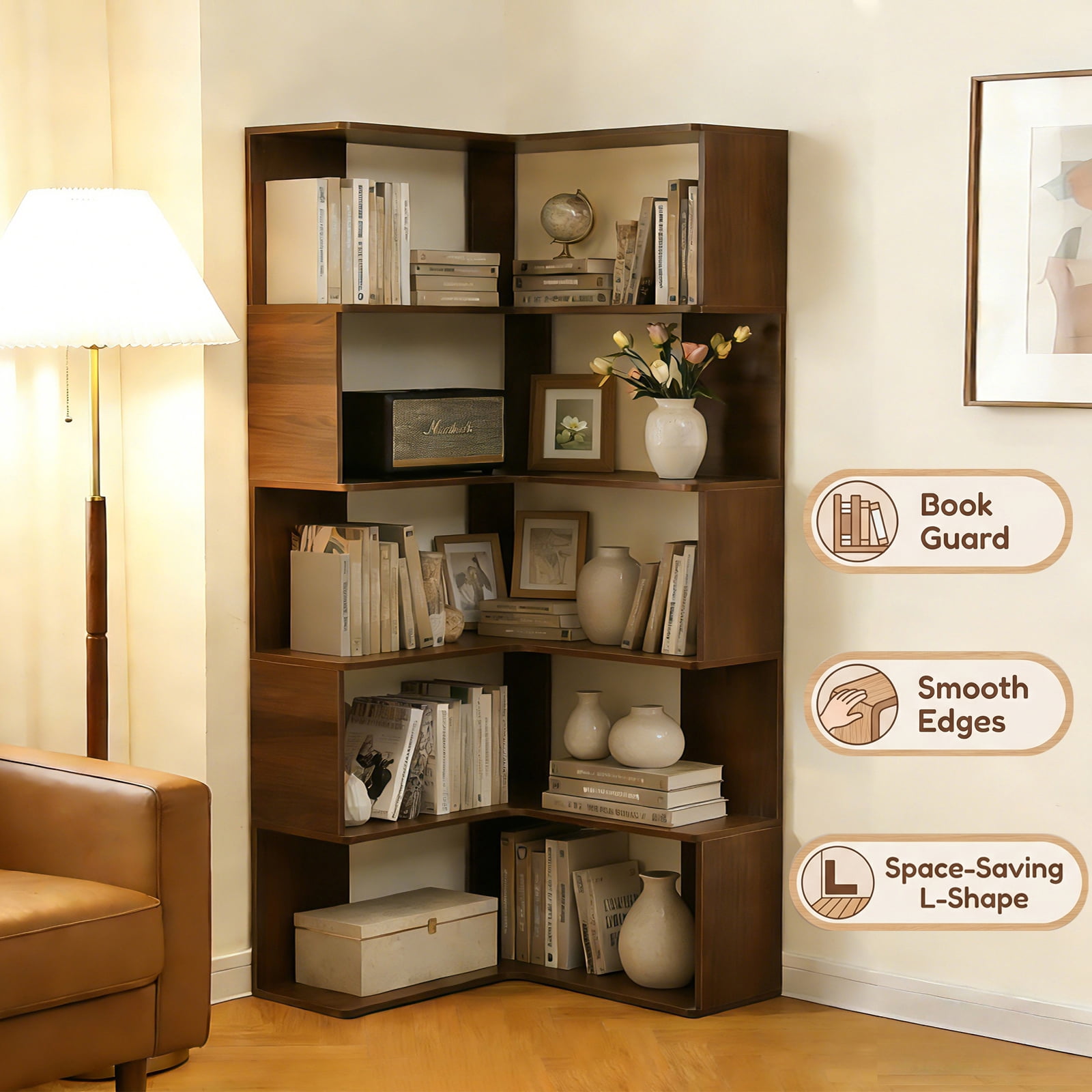 Bookshelf, 6 Tier Corner Shelf with Baffle and Anti-Tip Device, MDF Board for Living Room Bedroom Home Office Display, Walnut Finish