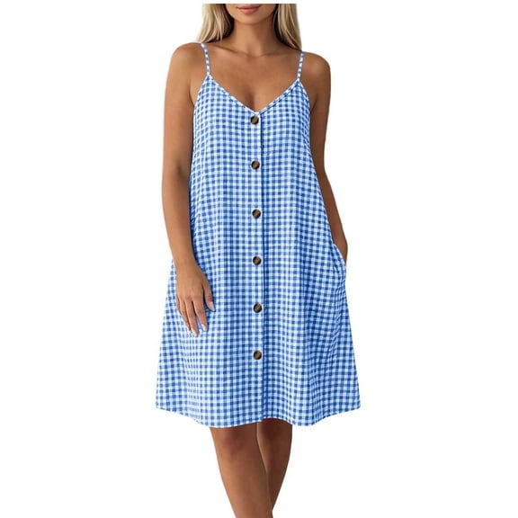 SAWOBUUN Womens Summer Plaid Mini Dress Sleeveless V Neck Button Down Tank Dress Beach Vacation Casual Dress with Adjustable Straps