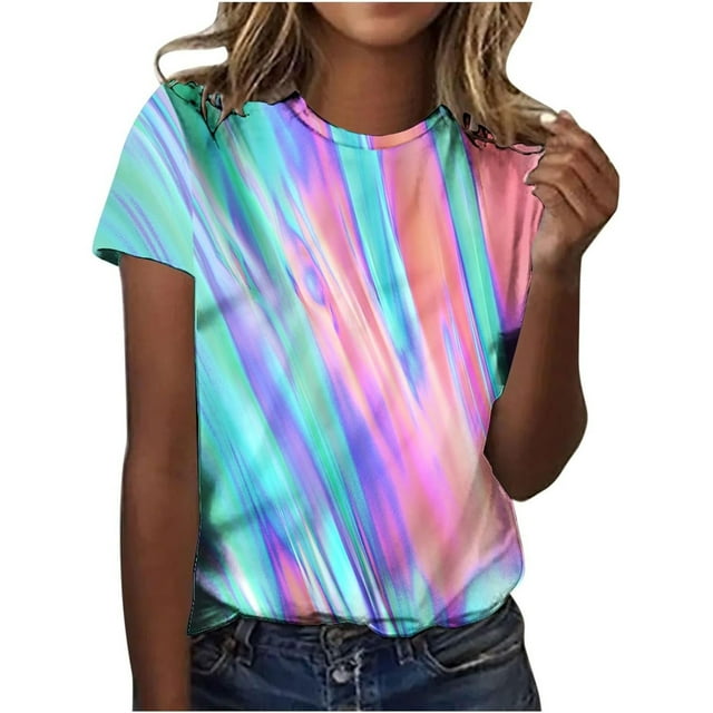 UANWENN T-Shirts Tendance pour Femmes à Manches Courtes Col Rond Imprimés Graphiques pour Printemps et Été avec Jeans pour Style Décontracté Chemise Moyenne Hauts d'Été Mignons Chemise à Manches Longues pour Femmes