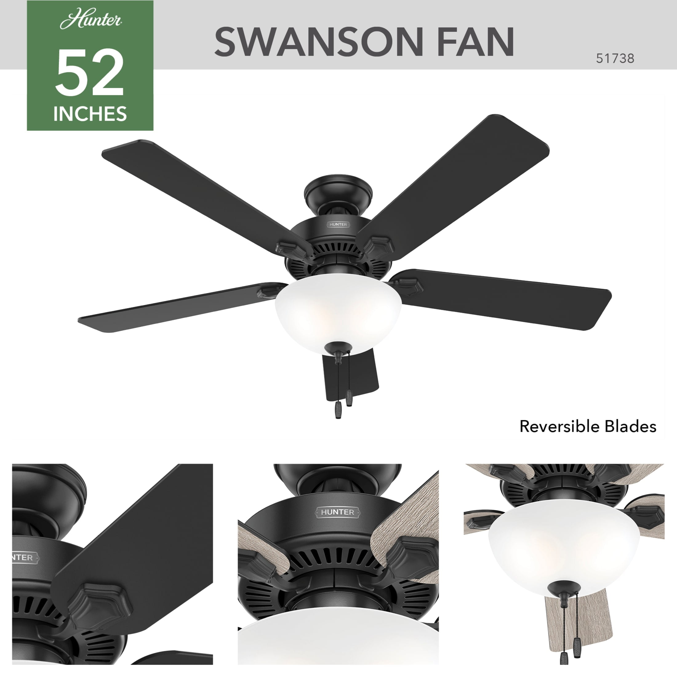Hunter 52 inch Indoor Ceiling Fan with LED Light - Black Ceiling Fan with Pull Chain, For Bedroom, Living Room, or Kitchen, Standard Mount, No Remote, 5 Blades - Swanson 51738, Matte Black