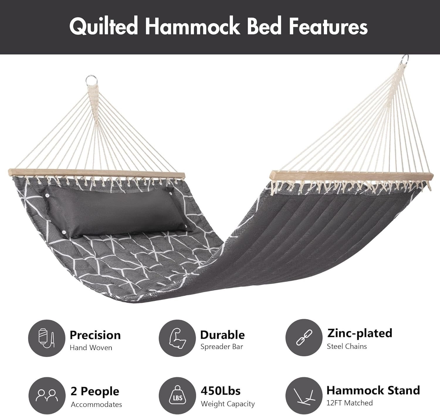 Outdoor Hammock with Spreader Bars and Detachable Pillow, 2 Person Hammock, 450 LBS Weight Capacity, Gray Cube