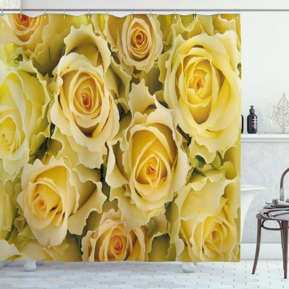 Ambesonne Rose Shower Curtain, Yellow Bridal Flourish, 69"Wx84"L, Yellow Pale Green