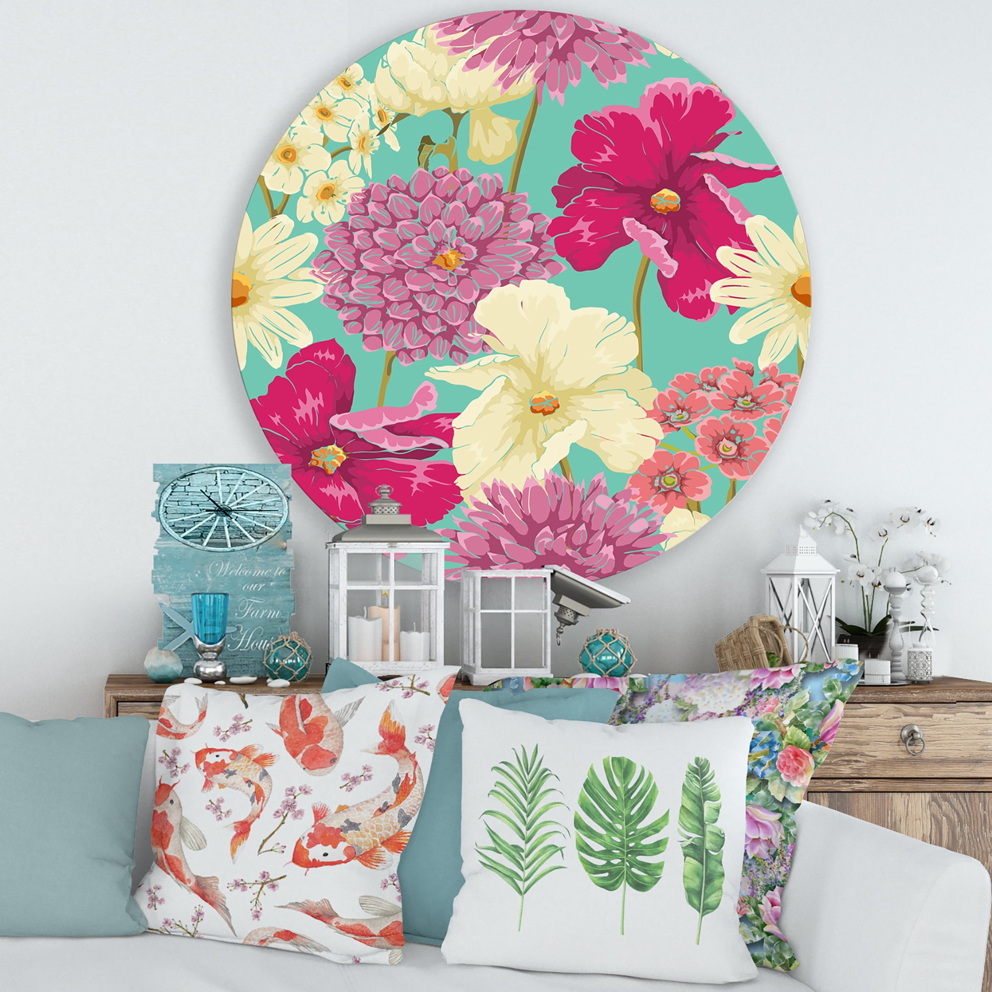 Designart 'Vintage Yellow and Pink Flowers' Traditional Circle Metal Wall Art 29x29 - Disc of 29