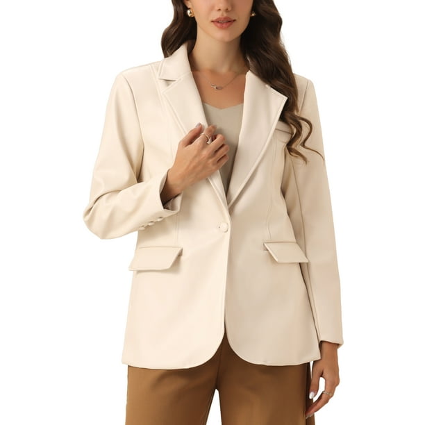 CHAQUETA FAUX LEATHER BLAZER DE MUJER INSPIRE CHIC CON CUELLO DE SOLAPA PU MOTO BIKER S BEIGE