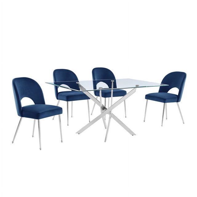 Rectangle 60" x 38" 5pc Clear Glass Dining Set with Navy Blue Chairs