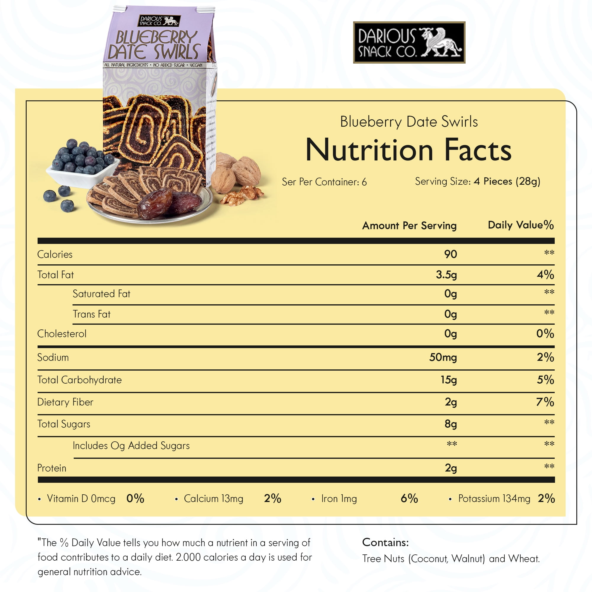 Darious Snack Co. Vegan Banana Date Swirls for Coffee & Tea Treat, Delicious Breakfast Cookies, Slightly Sweet and Savory, All Natural Ingredients, Holiday Food Gifts, 6 Pack - 5 oz Each Bag