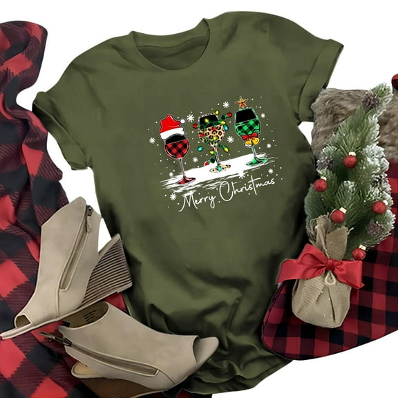 Womens Tops T-Shirts Casual Christmas Red Glass Printed Round Neck Short Sleeve Womens Blouse