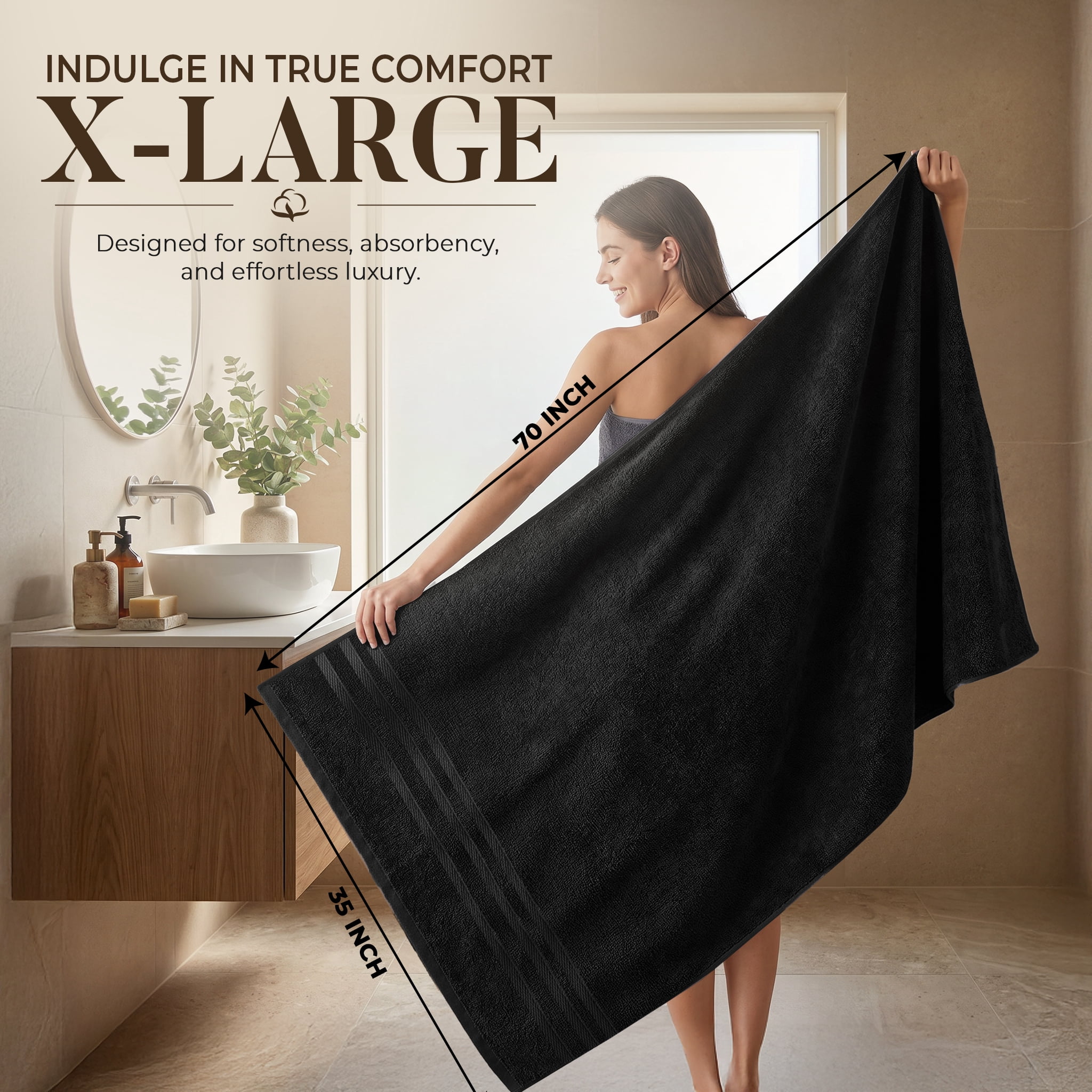 Dan River Bath Sheet 2 pack 35x70 in Quick Drying Oversized Soft Absorbent Cotton Towel - Black