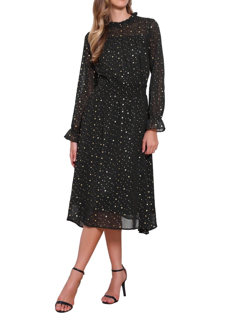 Inspire Chic Women's Dress Metallic Stars Smocked Waist Sheer Puff Sleeve Party Midi Dresses with Lining S Black