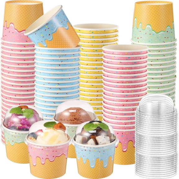 40 Count 6 oz Ice Cream Paper Cups with Clear Dome Lids No Hole Bulk Disposable Dessert Cups Dessert Bowls Sundae Containers for Snack Yogurt Soup Birthday Ice Cream Party Supplies