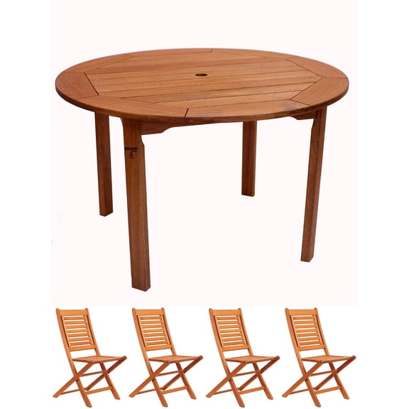 Milano FSC Eucalyptus Wood 5-Piece Round Patio Dining Set with Folding Chairs, Seats 4