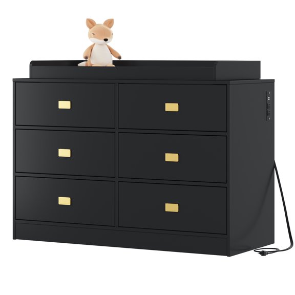 6 Drawer Dresser with Removable Changing Table Top and Power Outlets, Black Nursery Baby Dresser