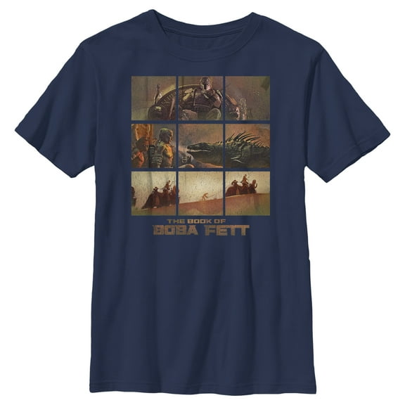 Boy's Star Wars: The Book of Boba Fett Tatooine Desert Comic Panels Graphic Tee Navy Blue Medium