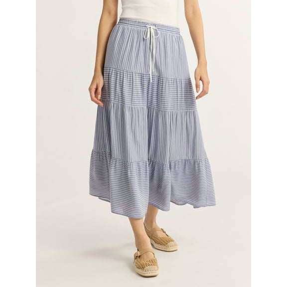 Time and Tru Women’s and Women's Plus Tiered Midi Skirt with Elastic Waistband, Sizes XS-4X