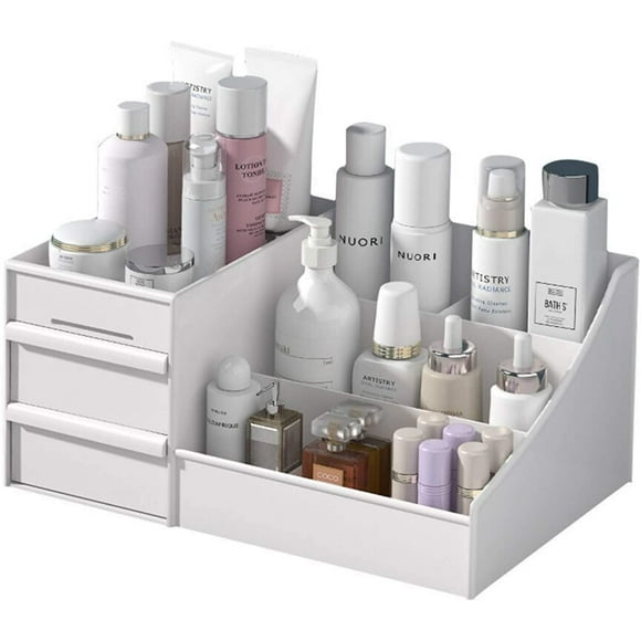 Organisateur de Maquillage avec Tiroirs Organisateur de Comptoir pour Cosmétiques, Porte-Vanne pour Rouge à Lèvres, Pinceaux, Lotions, Fards à Paupières, Vernis à Ongles et Bijoux (Blanc)