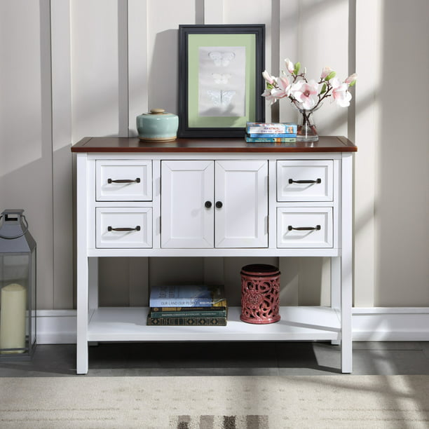 Wood Console Table White Living Room, Narrow Table With Drawers And Shelves