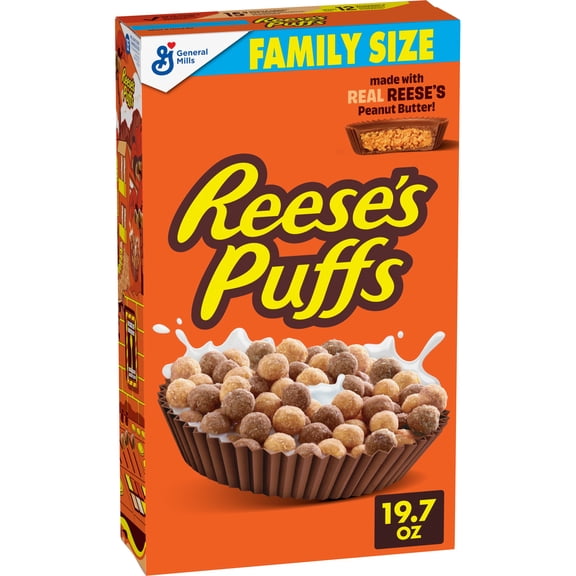 REESE'S PUFFS Breakfast Cereal, Chocolatey Peanut Butter Cereal, Family Size, 19.7 oz