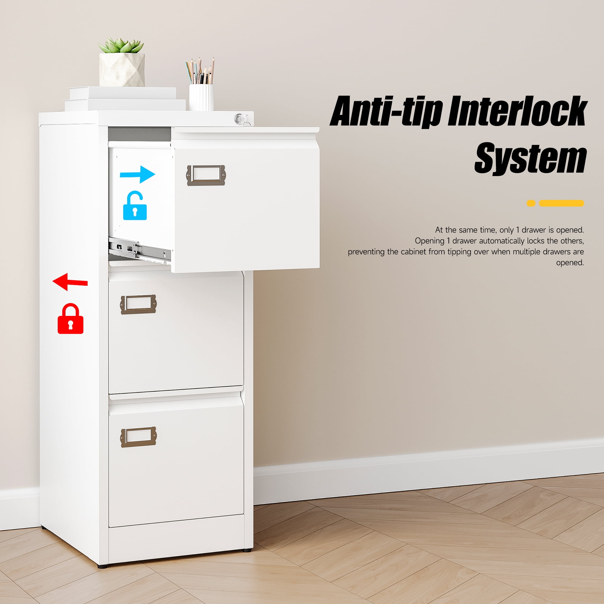 AUHUP 3 Drawer Metal File Cabinet with Lock, White Vertical Filing Storage Cabinet for Home Office
