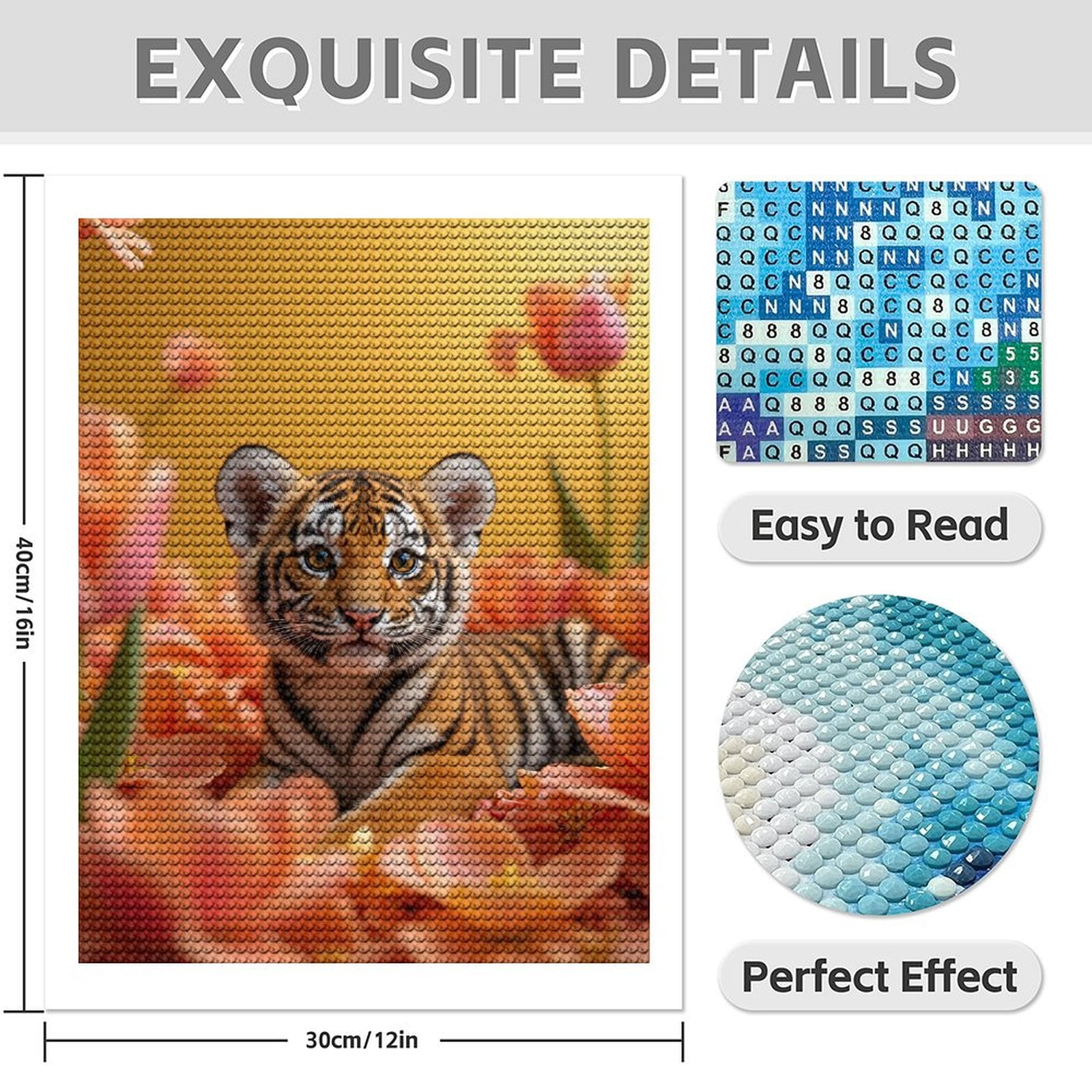 Diamond Art Kit for Adults, Tiger Cub Among Orange Tulips Diamond Painting for Adults Beginners, DIY Diamond Art Painting Kits, 5D Diamond Painting Crafts for Home Decor 12x16 Frameless