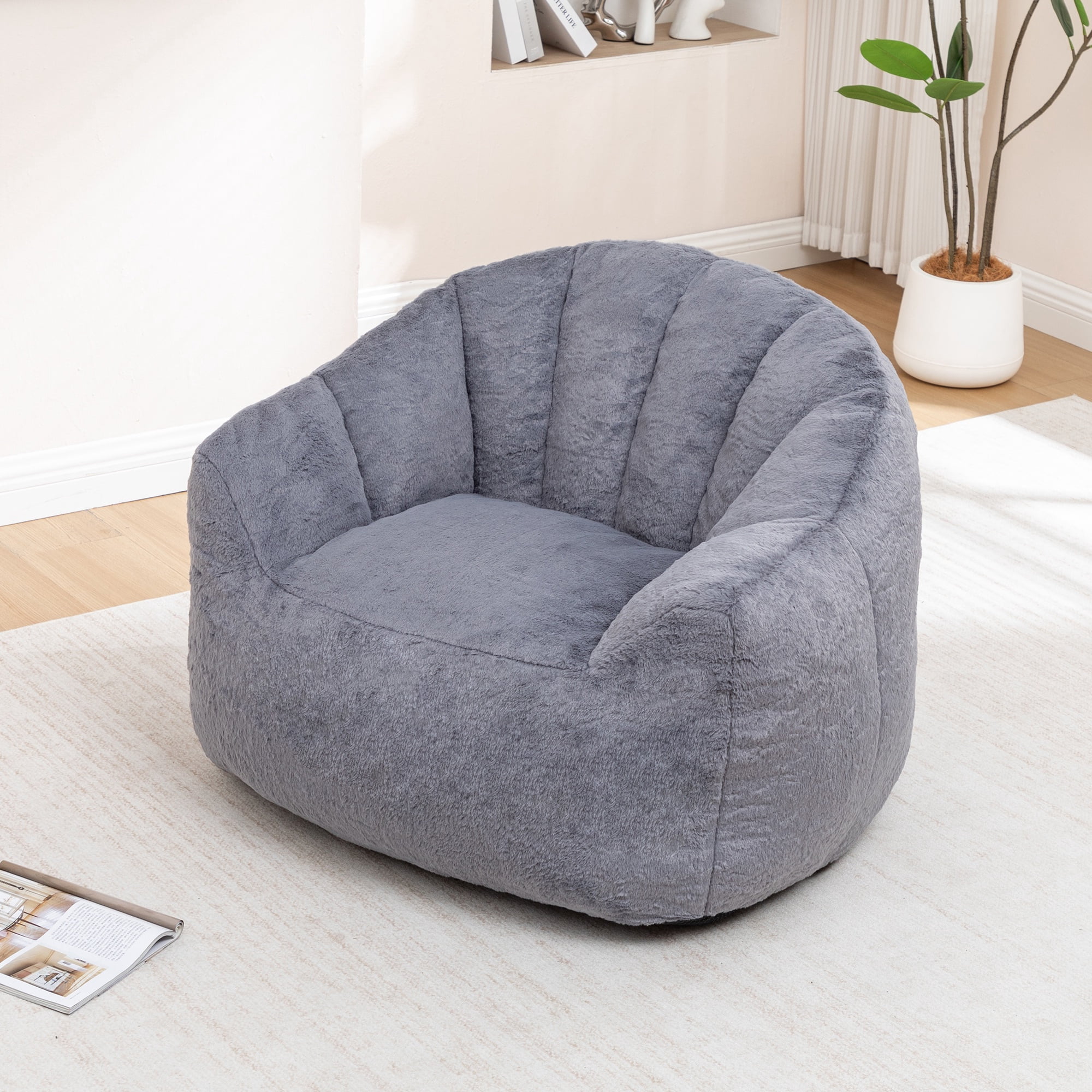 PAPROOS Oversized Bean Bag Chair for Adults, Gray Faux Fur Memory Foam Bean Bag Sofa, Pre-Filled Comfy Lazy Sofa Chair with Removable Cover for Living Room Bedroom Dorm
