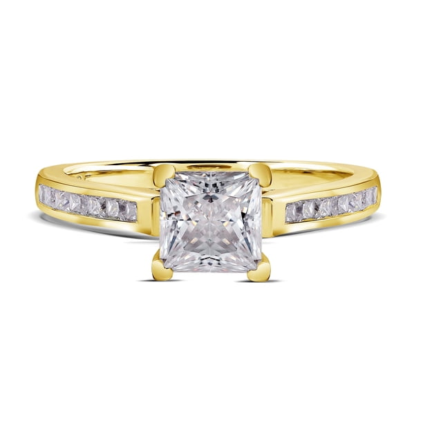 JeenMata Anillo de Bodas de Corte Princesa de 1,75 Quilates - Anillo de Promesa - Anillo con Canal Pavé - Anillo con Puntas - Anillo de Compromiso - Baño de Oro Amarillo de 18 K sobre Plata