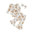 thumbnail image 2 of Elippeo Baby Girl Fall Outfit 3 6 12 18 Months Flower Print Ruffle Trim Long Sleeve Romper Flare Pants Bow Headband 3 Piece Set, 2 of 9
